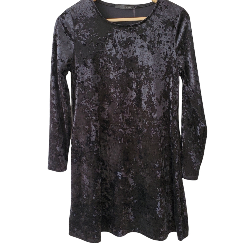 Tahari Crushed Velvet Long Sleeve Knee Length Black Dress Women's Sz XS NEW